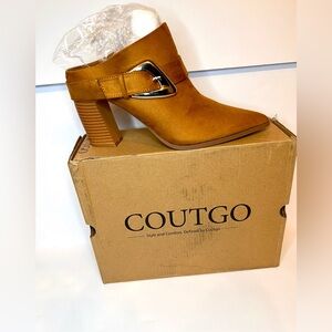 Silver Buckle Mules w/ 4” Block Chunky Heel - Western Cowgirl Brown/Tan Clogs